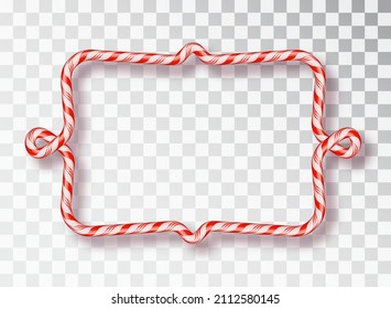 Candy Cane Frame. Blank Christmas border with red and white striped lollipop pattern isolated on transparent background. Holiday design.