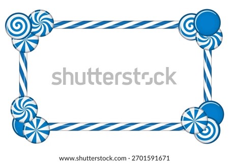 Candy cane frame with blue and white striped. Border with striped candy lollipop pattern. Winter ornament decoration