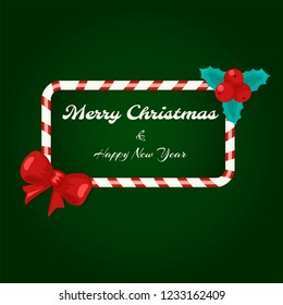 Candy cane frame with bow and mistletoe on green background. Christmas greeting frame. Vector illustration.