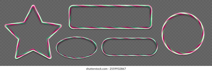 Candy cane frame collection in red and green spiral. Geometric shapes - star, rectangle, oval and circle sweet confectionery lines. Decorative holiday borders for Christmas or winter festive designs.