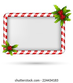 Candy cane frame with holly sprigs isolated on white background