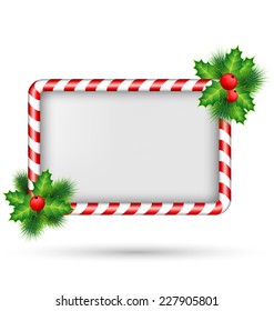 Candy Cane Frame With Holly Sprigs Isolated On White Background