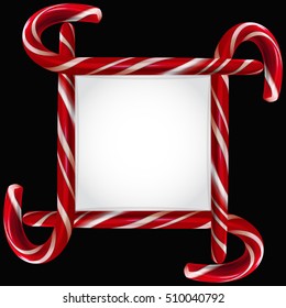 Candy cane frame on black background. Christmas Greeting Frame  With Big Free Space For Your Advertising Or Your Message. Happy Birthday greeting frame.