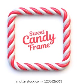 Candy cane frame on white background. Swirl hard candy square border with copy space.