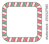 Candy cane frame with rounded corners in white, red, and green colors. Ideal for Christmas-themed designs, festive banners, cards, and seasonal decorations. Cheerful and eye-catching vector design.