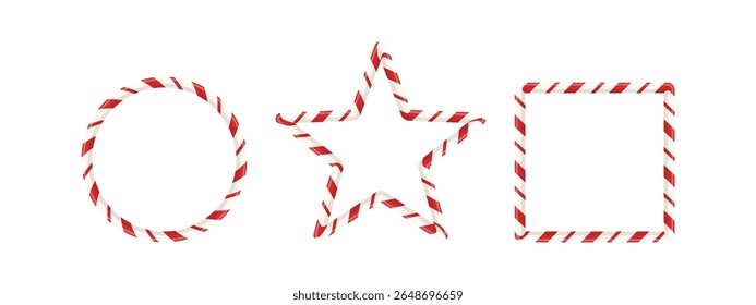 Candy cane frame set with red stripe pattern for xmas card or holiday photo. 3D border design with sweet oval, star, and rectangle shape. Vector banner.
