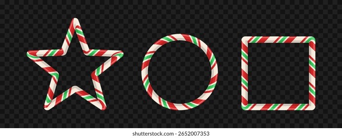 Candy cane frame set with red and green stripe pattern for xmas card or holiday photo. 3D border design with sweet oval, star, and rectangle shape. Vector banner.