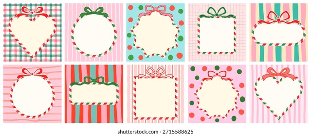 Candy cane frames with bows templates wit copy space, vector backgrounds with different patterns in pink, red and green