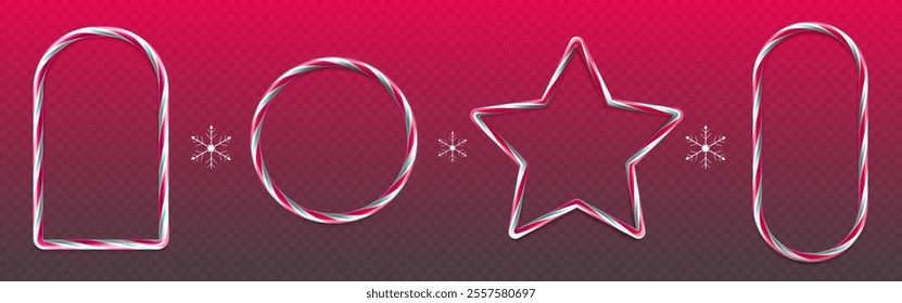 Candy cane frames set isolated on transparent background. Vector realistic illustration of round, oval, arch, star shape caramel borders and snowflakes for Christmas card or holiday banner decoration