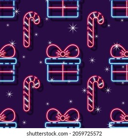 Candy cane and gift box neon seamless pattern. Glowing candy background. New Year and Christmas concept. Vector illustration for design.