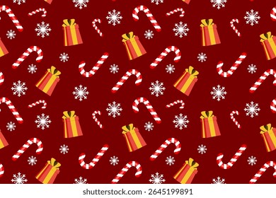 Candy cane with gift and snowflakes seamless pattern on red background	