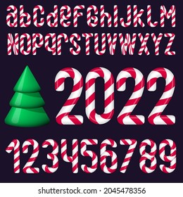 Candy cane glossy christmas vector alphabet. Set of letters and numbers for christmas decoration.