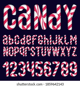 Candy cane glossy vector alphabet. Set of letters and numbers for christmas decoration.