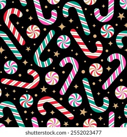 Candy cane and candy with gold star seamless pattern design for christmas and new year holidays background.