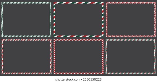 Candy cane gradient frames set christmas. Collection of Xmas striped border with copyspace. Rectangle background for banner or christmas card. Vector, holiday wallpaper illustration.