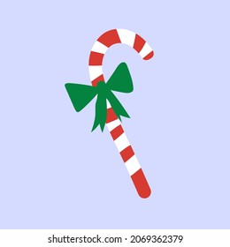 Candy Cane with green Bow, Christmas and New Year Symbol, Traditional Holiday Decoration Vector Illustration EPS