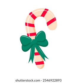 Candy cane with green bow. Sweet stripes candy. Merry Christmas and Happy New Year design.