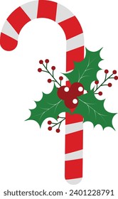 candy cane with green leaf and berry, christmas decoration