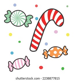 candy cane, green, orange and pink candies arranged in various places on a white background