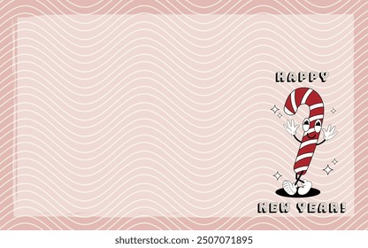 Candy cane groovy card. Vector illustration in trendy retro style. Abstract background. Happy holidays 2024.