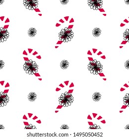 Candy cane hand drawn in Scandinavian style, seamless pattern background. Ideal for Christmas packaging, fabric, textile, apparel.