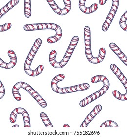 Candy Cane Hand Drawn Seamless Pattern Background. Vector illustration