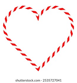 Candy cane heart frame. Christmas ribbon with red and white stripes. Greeting card with New Year or Christmas decorating border. Vector illustration