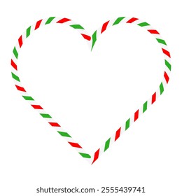 Candy cane heart frame. Christmas ribbon with red, green and white stripes. Greeting card with New Year or Christmas decorating border. Vector illustration