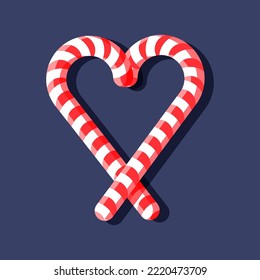 Candy cane heart on blue background. Vector illustration in cartoon flat style.