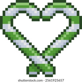 Candy cane heart pixel art. Festive illustration of two green and white candy canes forming a heart shape on white background, symbolizing love and joy during a holiday season.