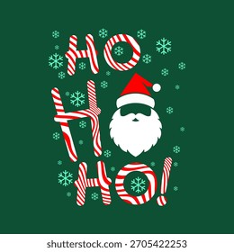 Candy cane “Ho Ho Ho” text with a minimalist Santa face and snowflakes on a green background. Festive Christmas illustration perfect for holiday cards, prints, and seasonal designs.