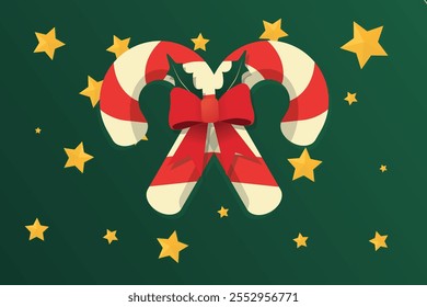 Candy cane, holiday candy, red bow, festive decorations, holiday design, seasonal graphics, festive cheer, holiday stars, green background, decorative elements, sweet treats, festive vibes, Christmas 