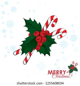 Candy cane and Holly berry vector color illustration