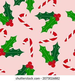 candy cane holly christmas seamless pattern hand drawn doodle. vector, winter.