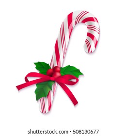 Candy Cane, heilige und rote Schleife auf weißem Hintergrund. Vektor einzelne Urlaubselemente für Ihr Design.