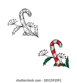 candy cane, holly vector illustration in color and outline sketch style