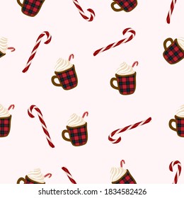 Candy Cane And Hot Chocolate Mug Backdrop - Funny Hand Drawn Doodle, Seamless Pattern. Lettering Poster Or T-shirt Textile Graphic Design. / Wallpaper, Wrapping Paper, Background.