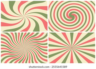 Candy cane or ice cream striped swirl backgrounds set. Twisted sunbeam abstract banners. Holiday texture	
