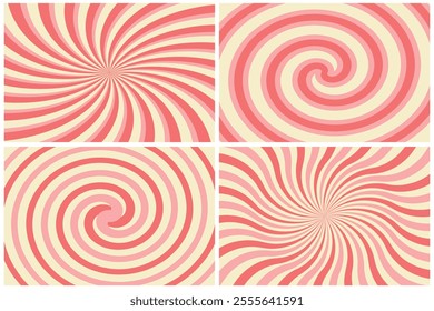 Candy cane or ice cream striped swirl backgrounds set. Twisted sunbeam abstract banners. Holiday texture	
