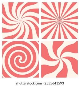 Candy cane or ice cream striped swirl backgrounds set. Twisted sunbeam abstract banners. Holiday texture	
