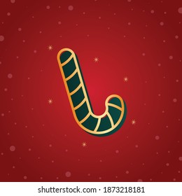 Candy cane icon. Christmas icon in golden color with Happy Xmas snowflakes red background.