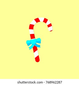 Candy cane icon, Christmas symbol, flat design template, blue bow, vector illustration