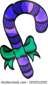 Candy cane icon in color drawing. Food Christmas sugar sweet ribbon decoration gift
