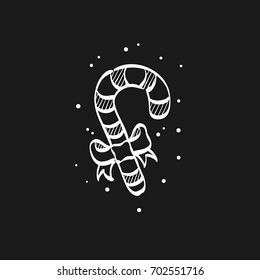 Candy cane icon in doodle sketch lines. Food Christmas sugar sweet ribbon decoration gift