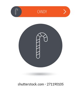 Candy cane icon. Sugar lollipop sign. Sweet lolly pop symbol. Gray flat circle button. Orange button with arrow. Vector