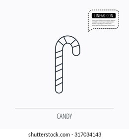 Candy cane icon. Sugar lollipop sign. Sweet lolly pop symbol. Linear outline icon. Speech bubble of dotted line. Vector