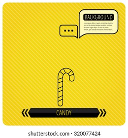 Candy cane icon. Sugar lollipop sign. Sweet lolly pop symbol. Chat speech bubbles. Orange line background. Vector