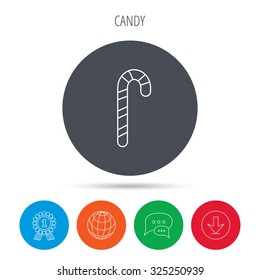 Candy cane icon. Sugar lollipop sign. Sweet lolly pop symbol. Globe, download and speech bubble buttons. Winner award symbol. Vector