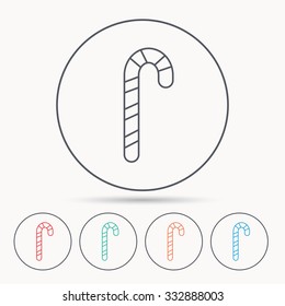 Candy cane icon. Sugar lollipop sign. Sweet lolly pop symbol. Linear circle icons.
