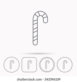 Candy cane icon. Sugar lollipop sign. Sweet lolly pop symbol. Linear circle, square and star buttons with icons.